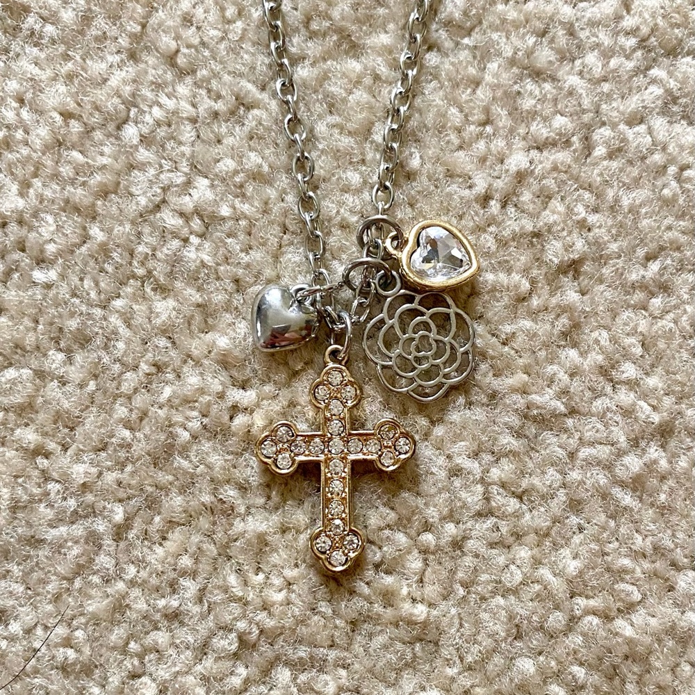 Gold & Silver Cross Necklace with Heart & Flower Charms